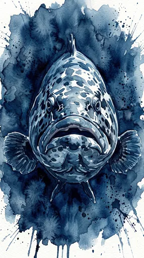Blue Watercolor Grouper Fish Front View