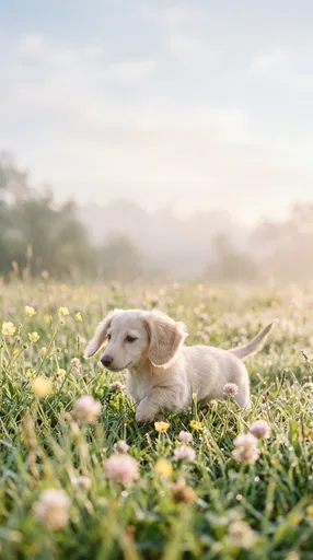 Cream Dachshund Puppy in Spring Meadow