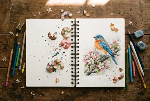 Colored Pencil Bird Drawing in Open Sketchbook