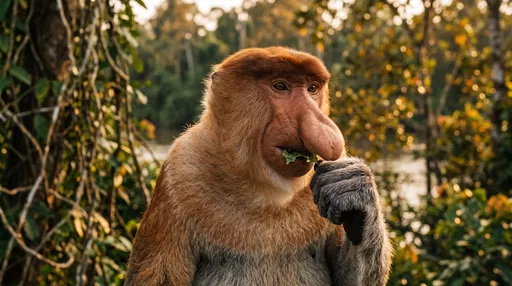 Proboscis Monkey Eating Leaf in Sunlight