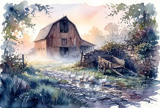 Watercolor Country Barn at Dawn with Ducks