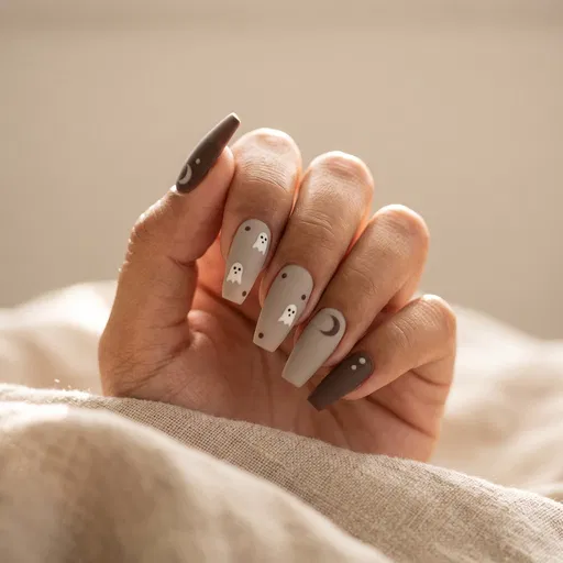 Minimalist Neutral Halloween Matte Coffin Nails