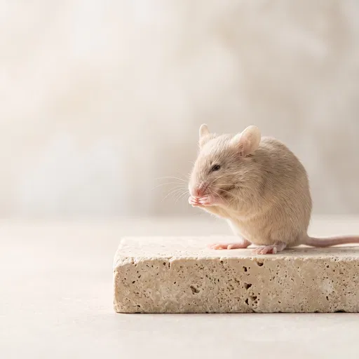 Beige Mouse Grooming on Travertine Stone