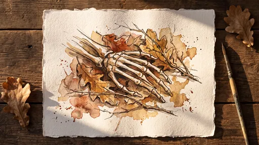 Watercolor Skeleton Hand Sketch Flat Lay