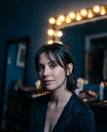 Woman With Wet-Look Bob Near Vanity Mirror