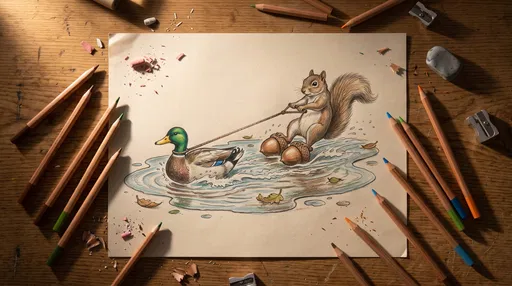 Illustration of Squirrel Waterskiing Behind Duck
