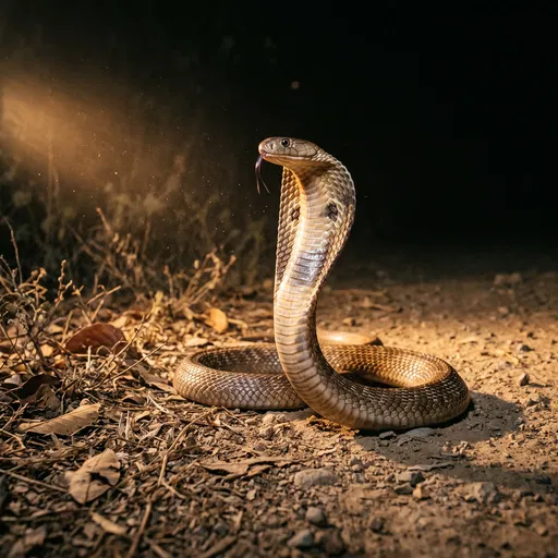 Indian Cobra Rearing Up at Night