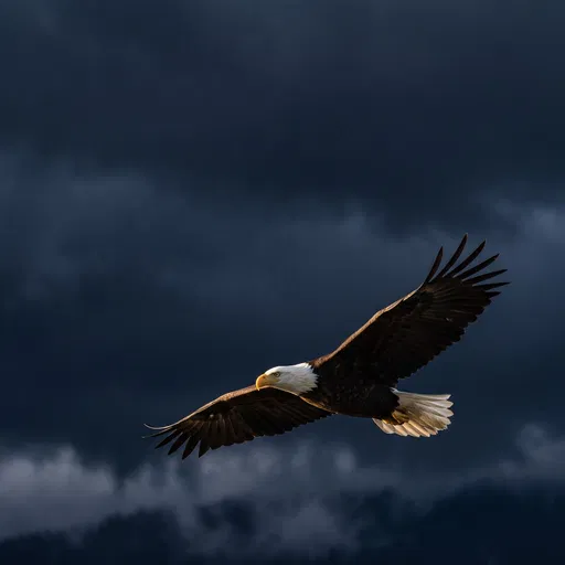 Bald Eagle Gliding Against Dark Storm Sky