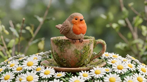 Clay Robin on Mossy Garden Teacup