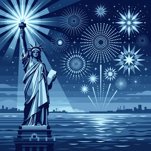 Blue Monochrome Statue of Liberty Fireworks Illustration