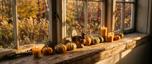 Rustic Thanksgiving Windowsill With Turkey and Gourds