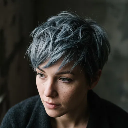 Woman With Textured Slate-Blue Pixie Cut