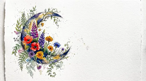 Watercolor Crescent Moon with Wildflowers