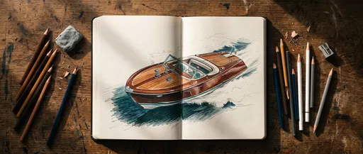 Sketchbook With Vintage Wooden Speedboat Drawing
