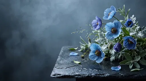 Blue Poppies on Wet Slate