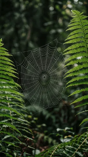 Symmetrical Spider Web Between Green Ferns