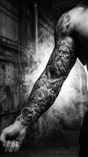 Muscular Arm With Poseidon Sleeve Tattoo