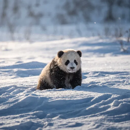 Fluffy Panda Cub Sitting in Snow