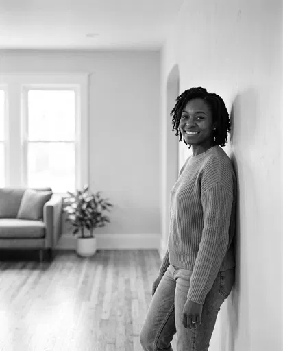 Smiling Woman Leaning Against Living Room Wall