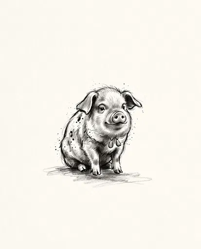 Monochrome Sketch of Sitting Kunekune Piglet