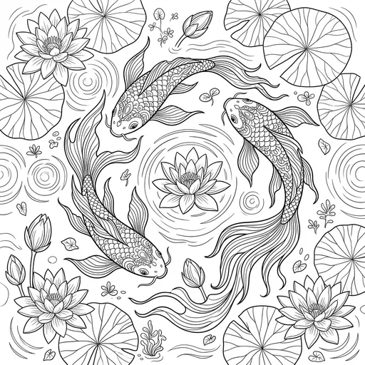 Ornate Koi Fish Pond Coloring Page