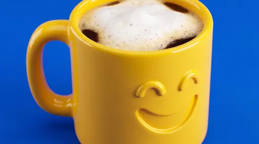 Smiling Yellow Coffee Mug on Blue