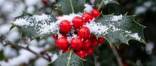 Snow Dusted Red Holly Berries Close-Up