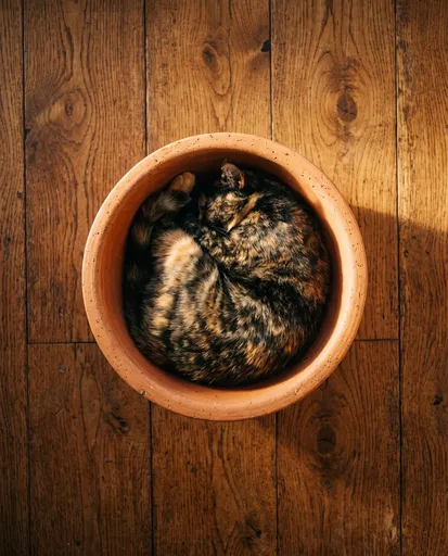 Tortoiseshell Cat Sleeping in Terracotta Bowl