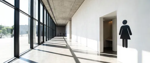 Modernist Museum Hallway With Restroom Sign