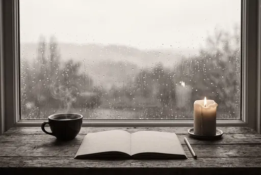 Notebook Coffee and Candle by Rainy Window