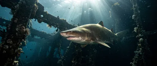 Sand Tiger Shark Near Sunken Shipwreck