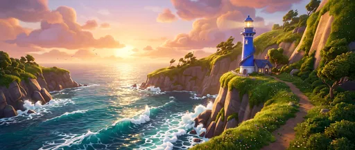 Stylized Blue Lighthouse on Coastal Cliff