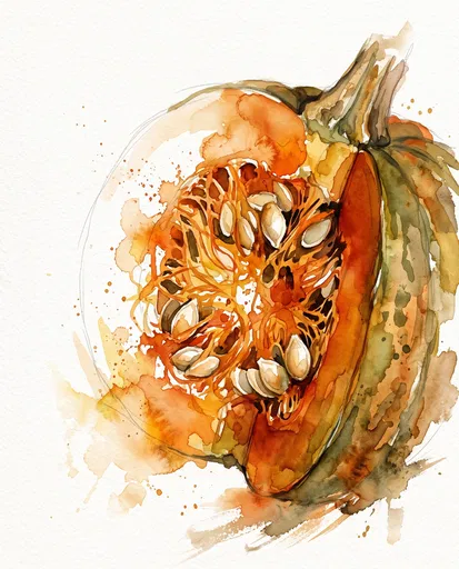 Watercolor Cut Pumpkin With Seeds