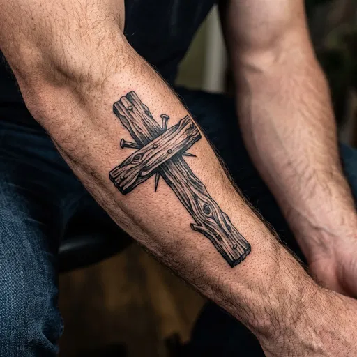 Wooden Cross Tattoo on Forearm