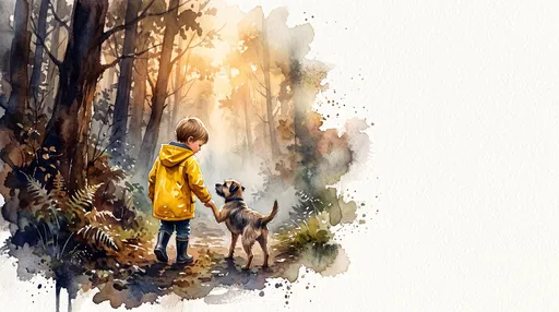 Watercolor Boy and Dog in Woods