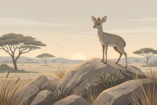 Kirk's Dik-Dik on Savanna Outcrop Illustration