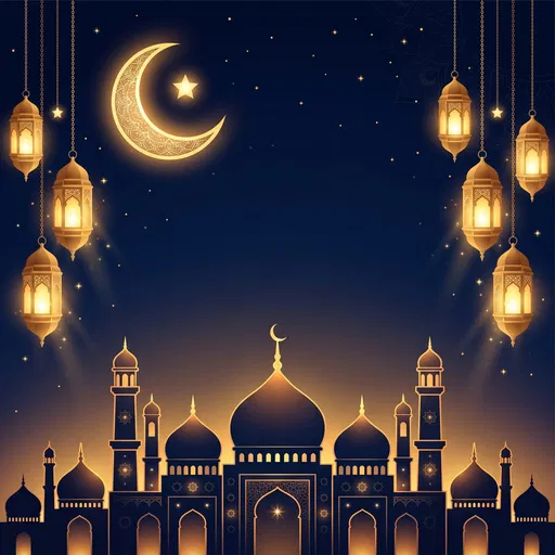 Mosque Silhouette with Glowing Lanterns and Moon