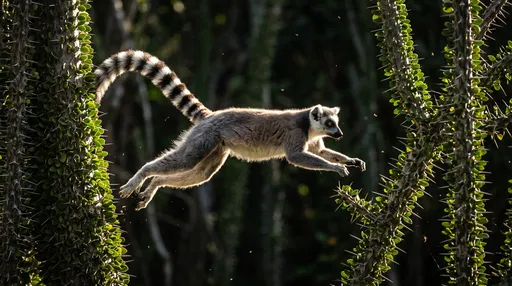 Ring-Tailed Lemur Leaping Between Spiny Trees