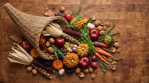 Autumn Harvest Cornucopia on Wooden Table