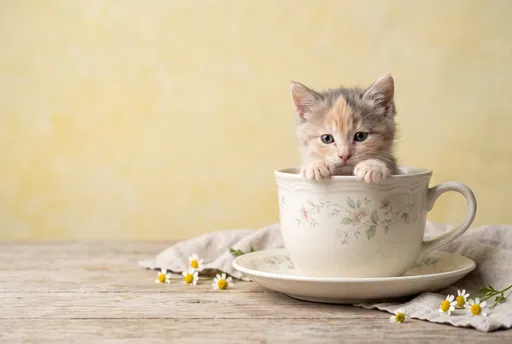 Dilute Calico Kitten in Floral Teacup