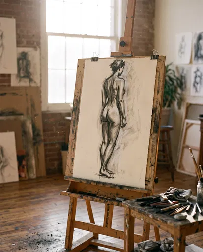 Charcoal Figure Drawing on Studio Easel