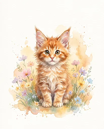 Watercolor Orange Maine Coon Kitten in Flowers