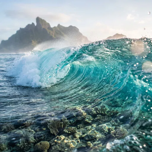 Turquoise Wave Curling Over Tropical Coral Reef