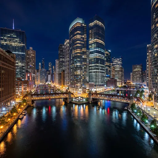 Illuminated City Skyline and River Bridges at Night