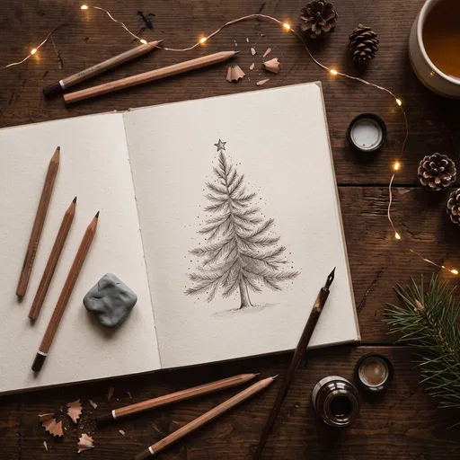 Christmas Tree Sketch in Open Notebook