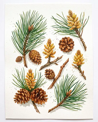 Botanical Watercolor Pine Branches and Cones