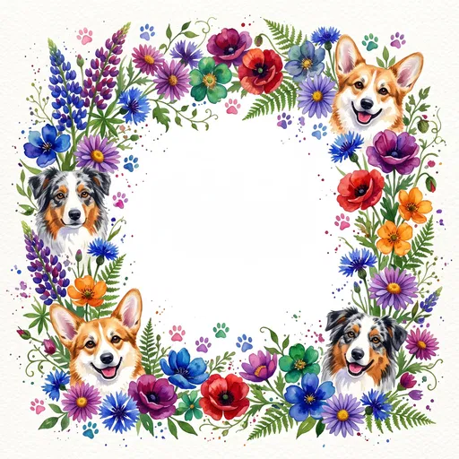 Watercolor Floral Wreath With Corgi And Shepherd