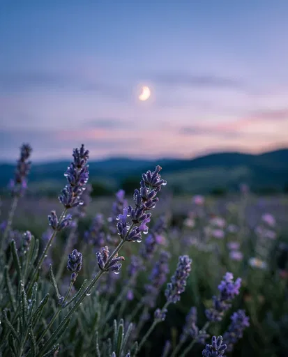 Dewy Lavender Flowers Under Crescent Moon