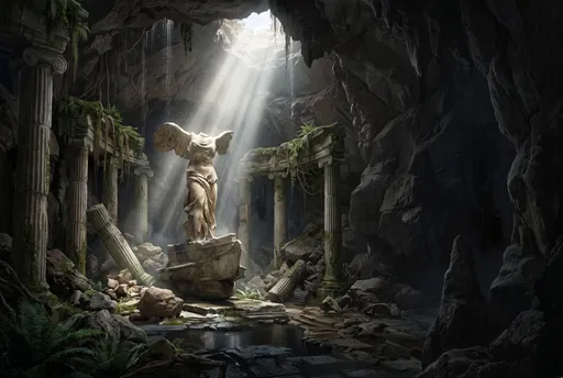 Winged Statue in Underground Cavern Ruins