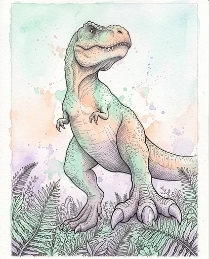 Pastel Watercolor and Ink T-Rex Illustration
